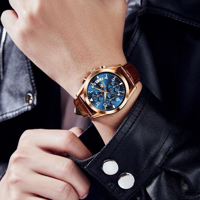 Годинник чоловічий OLEVS Vintage з шкіряним ремінцем, великий циферблат, водонепроникні, аналогові годинники з датою (2878, блакитний циферблат/коричневий ремінець)