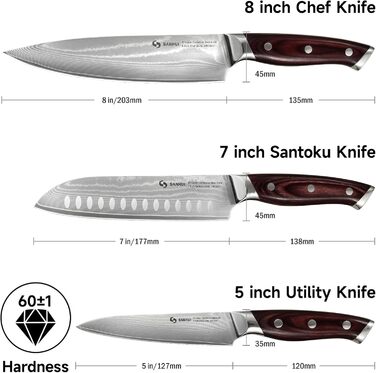 Набір кухонних ножів Sanhui Damast: 3 ножі з дамаської сталі з ручками з паккавуда. Професійний набір ножів у подарунковій коробці - ідеальний для професійних та аматорських кухарів.