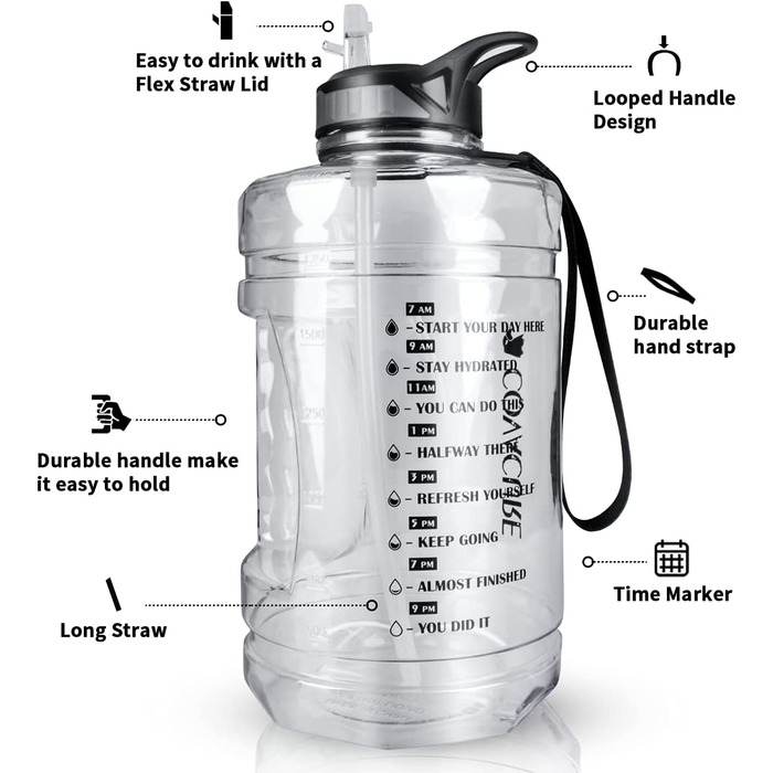 COVACURE Water Bottle Sport - 2.2L Large Water Bottle, BPA Free, Leak-Proof, for Fitness, Gym, Home, Office, Outdoor (Transparent)
