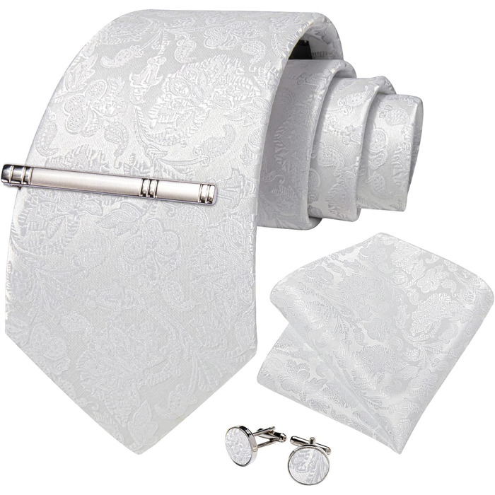 Краватка чоловіча шовкова з візерунком павліочиків та квітів DiBanGu, комплект з нагрудною хустиною, краваттями-манжетами та краваттями-зажимами для весілля та ділових зустрічей, білий
