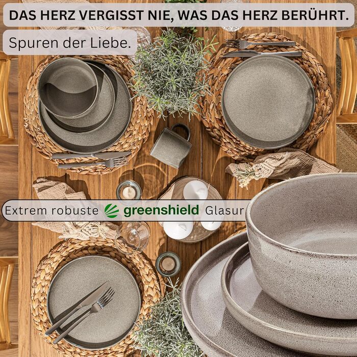 Набір посуду SÄNGER Kairo Clay 24 частини: 6 тарілок для їжі, 6 тарілок для десерту, 6 мисок для пасти, 6 салатників. Серія VALUE COLLECTION, сірий колір, керамічний посуд для 6 осіб