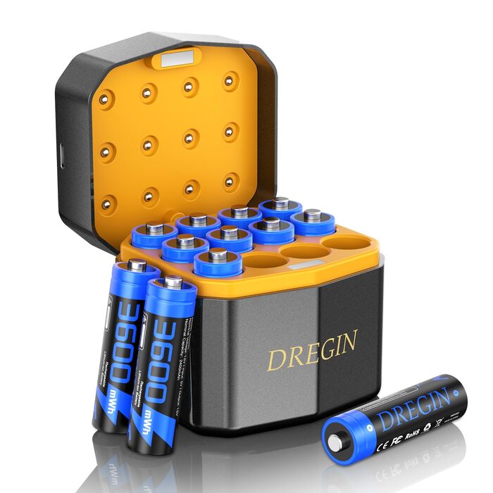 Набір акумуляторів AA Li-ion 1.5V 3600mWh (12 шт.) з зарядним пристроєм, висока ємність, 2000 циклів зарядки, синій