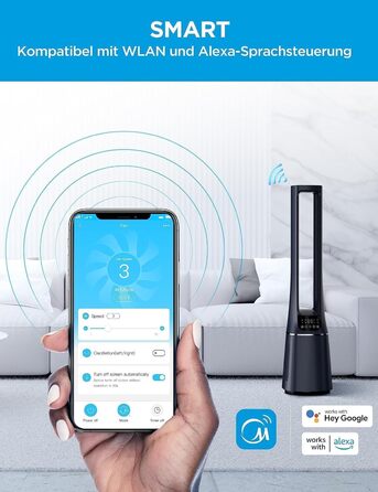 Турбовентилятор Midea MFP-120i (BL) 2-в-1 з очищувачем повітря, тихий (38dB), HEPA фільтр H13, LED дисплей, керування через додаток, Alexa, Google, таймер 12H, осциляція