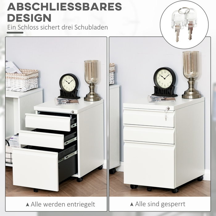 Vinsetto Rolling Storage Cabinet with 3 Drawers and Wheels, Compact Steel with Concave Handle, White 39x48x60cm