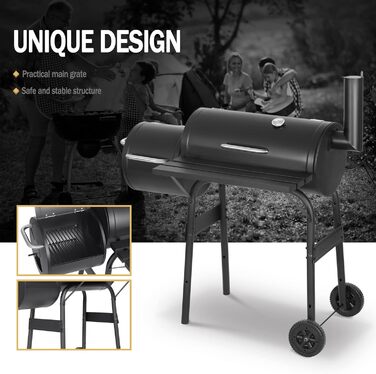 Гриль на вугіллі з кришкою Griller Outdoor, металевий гриль-вагон із колесами та робочою поверхнею, чорний садовий гриль для кемпінгу