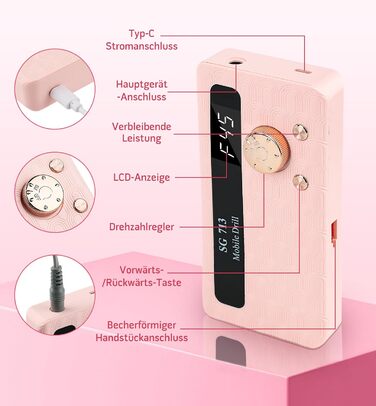 Електричний фрезер для нігтів Ziweo з LED дисплеєм, 45000 об/хв, для манікюру та педикюру, для гелю, акрилу, акригелю, Shellac