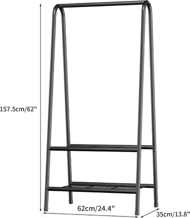 Robust metal clothes rack with double shelves for hanging clothes, freestanding and portable metal clothes rack, 62 L x 35 W x 157.5 H cm space-saving design, Gold (Black)
