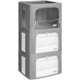 Sturdy Foldable Clothes Storage Box with Zipper, Metal Frame - [2024 IMPROVED MATERIAL] Duvet Storage Bag - Stable Storage Box for Clothes - (Dark Gray, 3x66L)