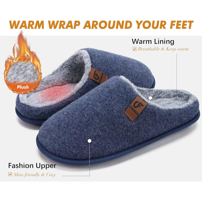 Тапочки жіночі COFACE з фетру, теплі, зручні, з м'якою підкладкою, з антиковзною гумовою підошвою, для дому та вулиці (Темно-синій, 37 EU)