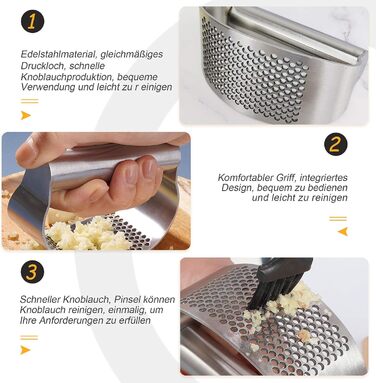Набір пресів для часнику та імбиру з нержавіючої сталі (4 шт), багатофункціональний подрібнювач з силіконовим очищувачем та щіткою для кухні