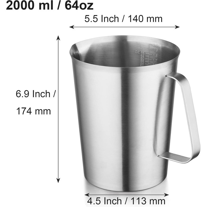 CURTA stainless steel measuring cup, 2L measuring cup, stainless steel milk frothing pitcher with markings, types of markings including ml, oz, and cup…