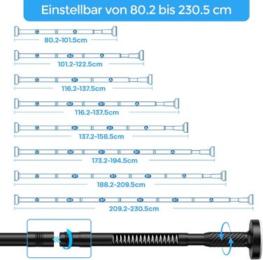Штанга для штор без свердління AIZESI 100-230 см, Ø 25 мм, телескопічна - для вікон, душу, балкону (чорний)