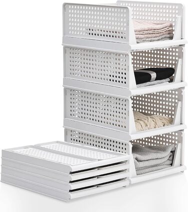 4 Pack Closet Organizer Stackable Plastic Closet Organizer Storage Box, Lightweight, Easy-Pull Drawer Dividers for Clothes, Closet, Pantry, Laundry Room