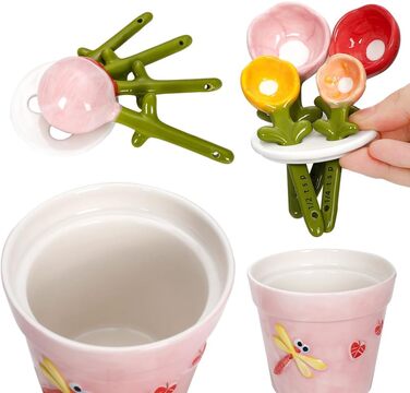 Ceramic Measuring Spoon Set in a Jar – Floral Pink Jar, Adorable Measuring Cups, Spoons for Dry and Wet Ingredients, 1 Tablespoon, 1 Teaspoon, 1/2 Teaspoon, 1/4 Teaspoon, 1 Cup