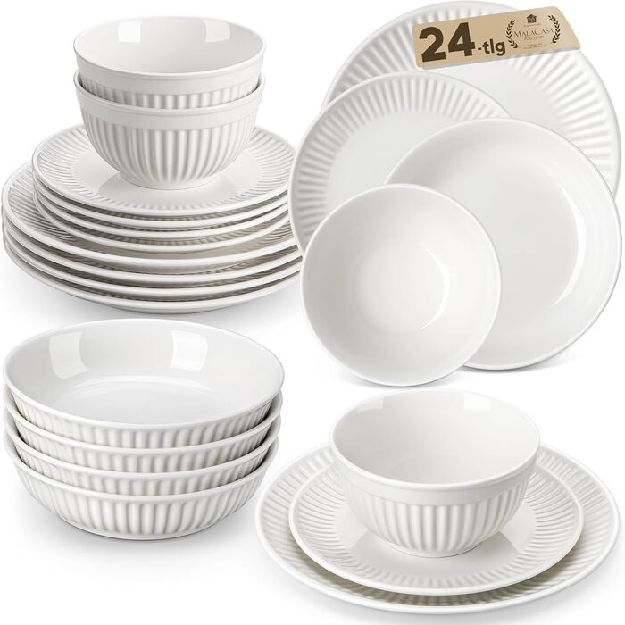 MALACASA LEILA Набір посуду на 6 осіб, 24 елементи: тарілки, миски, порцеляна, ручна робота, для мікрохвильовки та посудомийної машини, білий