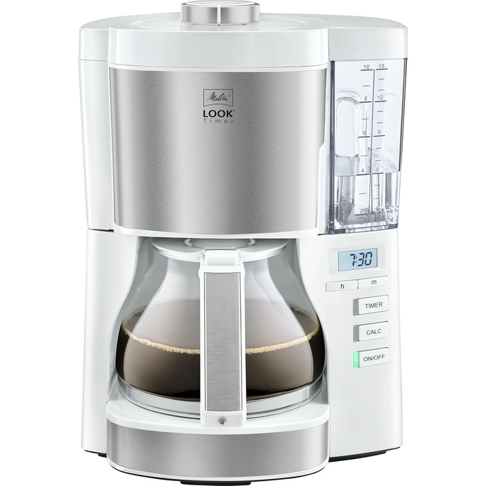 Melitta Look Timer - Filter Coffee Machine - Timer Function - Drip Stop - 10 Cups - White (1025-07) White with Glass Carafe Single