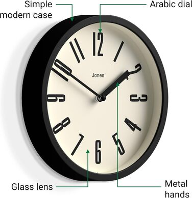 JONES CLOCKS® Hot Tub Wall Clock | Small Retro Round Clock | 20cm | Easy-to-read numbers | Ideal for kitchen, office, kids' room, or any small space (Black)