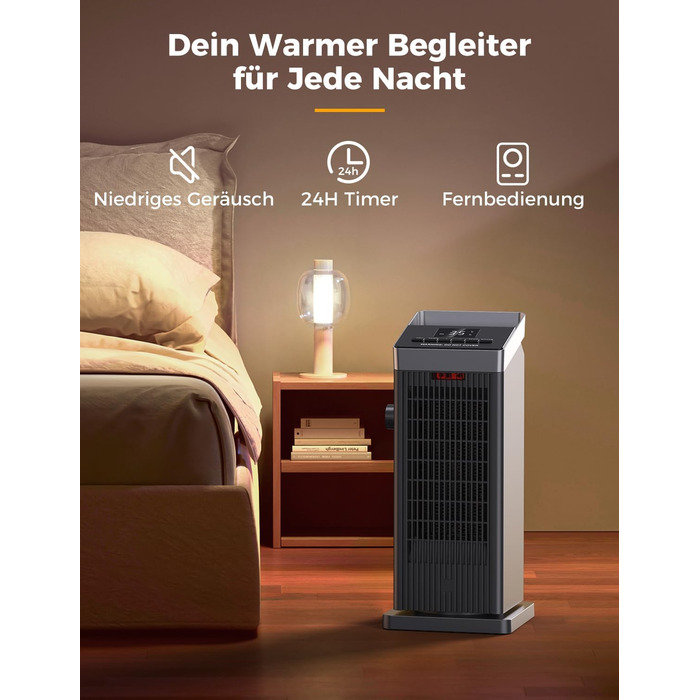 Електричний обігрівач QEXREED 2000W з PTC термостатом, 4 режими, таймер 24 год, дистанційне керування, захист від перегріву та перекидання, для дому та офісу
