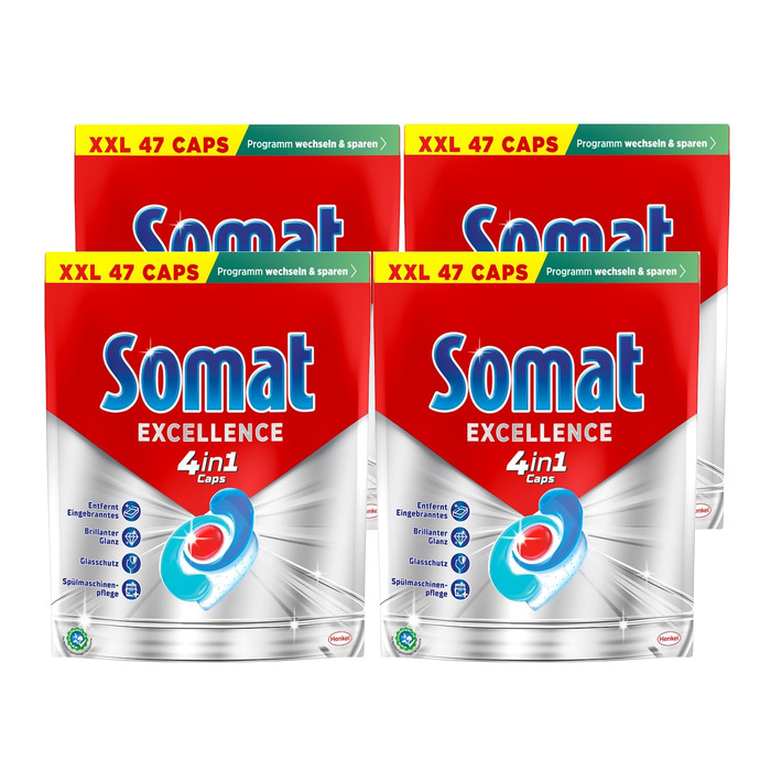Капсули для посудомийних машин Somat Excellence 4in1, швидкорозчинні табічки для чистоти та блиску, підходять для Eco-програм та низьких температур, без аромату, 176 шт (4х44 шт)