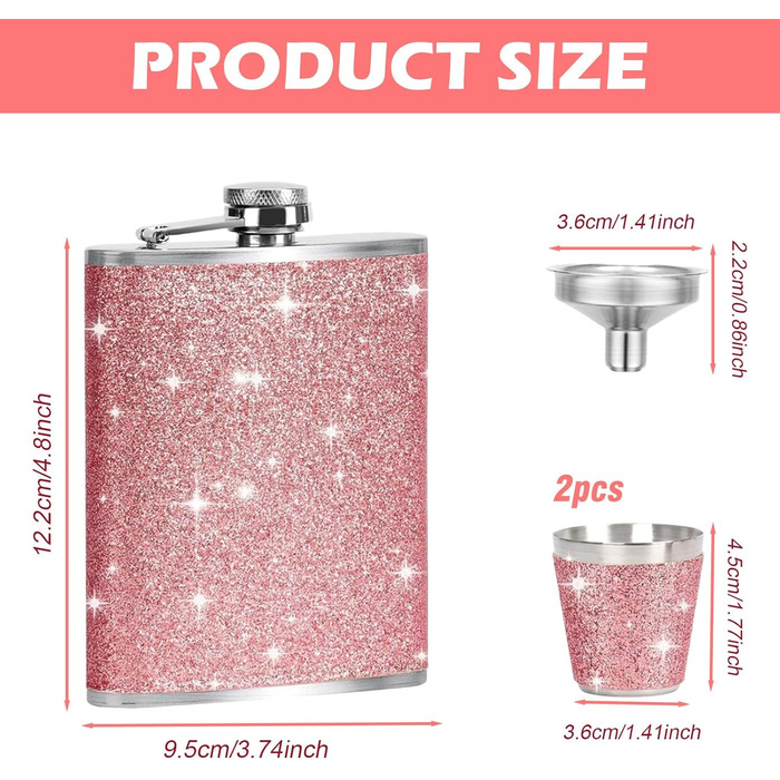 Набір фляг з нержавіючої сталі, рожевий, 8oz/240ml. Фляга з нержавіючої сталі та 2 склянки для шотів. Ідеально для подорожей, вечірок та подарунків.