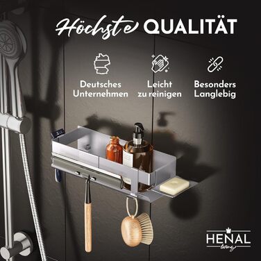 HENAL Shower Shelf Set 5 in 1, Brushed Stainless Steel Shower Shelf without Drilling, Shower Shelf including Razor Holder, Squeegee Holder, Soap Dish & Hook, XXL Bathroom Organizer
