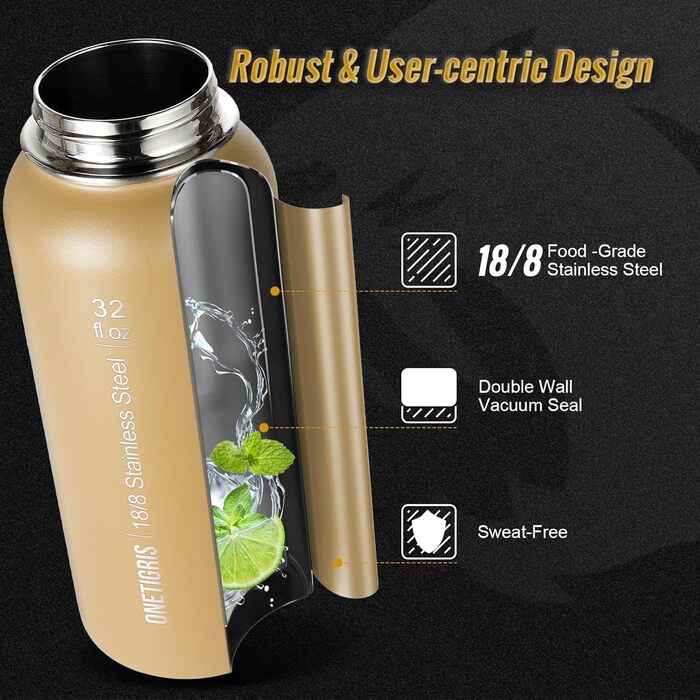 OneTigris Stainless Steel Water Bottle, 0.9L High Capacity, Insulated Sports Bottle for Cycling, Camping, Yoga, Gym, Softair, 32oz (Camo)