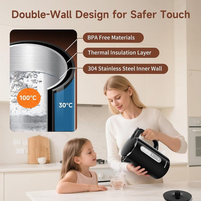 Електричний чайник Aigostar з нержавіючої сталі, чорний, 1.7 л, 2200 Вт - Швидкий кип'ятіння, подвійні стінки, без пластику, індикатор рівня води, автовимкнення, BPA-free, для кухні та офісу