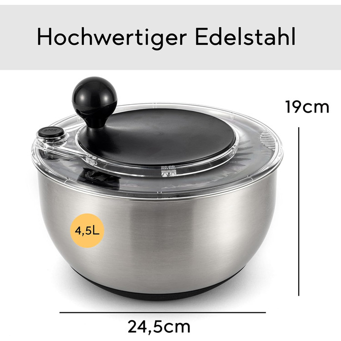 Салатниця-швидкокрутка з нержавіючої сталі – для миття, просушування та зберігання салату. BPA-free, об'єм 4,5 л, з ручним приводом