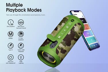 Портативна Bluetooth колонка Eduplink водонепроникна IPX7, бездротова, зелена (камуфляж)