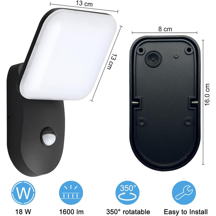 LED вуличний світильник настінний з датчиком руху, 18W, 1600LM, 3000K, тепле біле світло, IP65, алюміній, для дому, саду, гаража, тераси