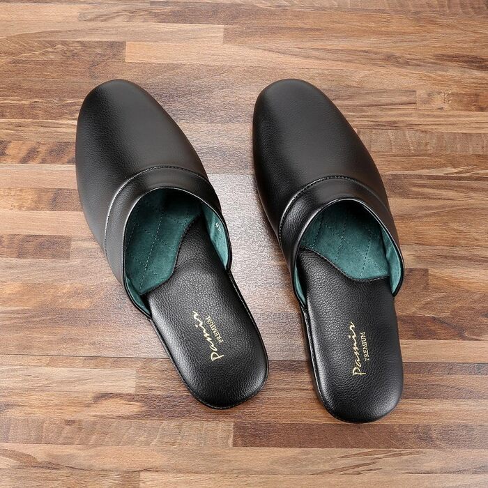 Чоловічі домашні тапочки Pamir з натуральної шкіри, підошва з шкіри, устілка з memory foam, розмір 42.5 EU, широкі, чорні