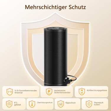 Електричний обігрівач 1800W з пультом керування, 41 см, PTC керамічний, тихий, 70° осциляція, таймер 12h, захист від перегріву, для спальні, дому, чорний