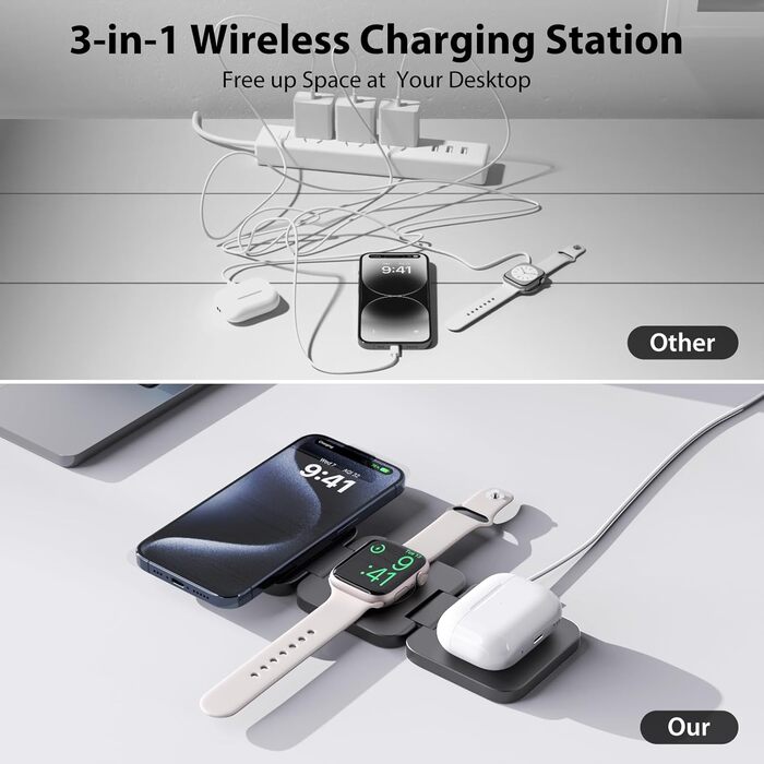 Зарядна станція KU XIU X55 15W MagSafe 3-в-1: для Apple Watch, iPhone 17-12, AirPods + USB-C 30W адаптер, сіра, складана, магнітна