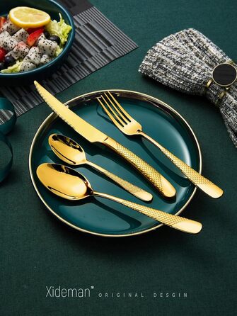 Набір столових приборів 24 предмети з нержавіючої сталі 18/10, золотий колір, на 6 осіб: ніж, виделка, ложка, з двостороннім зазубреним лезом, для посудомийної машини