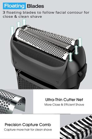 Електрична бритва чоловіча з 3 гнучкими лезами та чохлом для подорожей, тример для точного гоління, вологостійка/суха, 120 хв роботи, акумуляторна, подарунок для чоловіків, чорна
