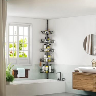 Телескопічна поличка для душу Bomclap з 5 кошиками, кутова, металева, чорна. Регульована висота 106-287 см, без свердління.