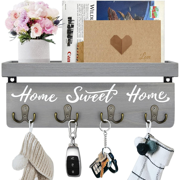 Key board with shelf, wooden key holder with 4 hooks, wall-mounted key rack for entryway, hallway, bedroom, living room, White (Green)