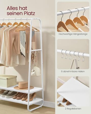 VASAGLE Clothes Rack, Coat Stand, Wardrobe, 2 Shelves, 6 S-Shaped Hooks, Steel Frame, for Bedroom, Hallway, Entrance Area, Cloud White-Matt White RGR112W02