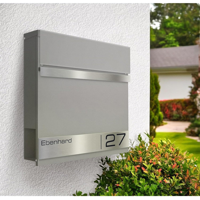 Поштова скринька Metzler Premium з газетницею Anthrazit, персоналізована з табличкою для імені, високоякісна настінна з нержавіючої сталі V2A з порошковим покриттям RAL 7016, модель Stencil (сірий алюміній)