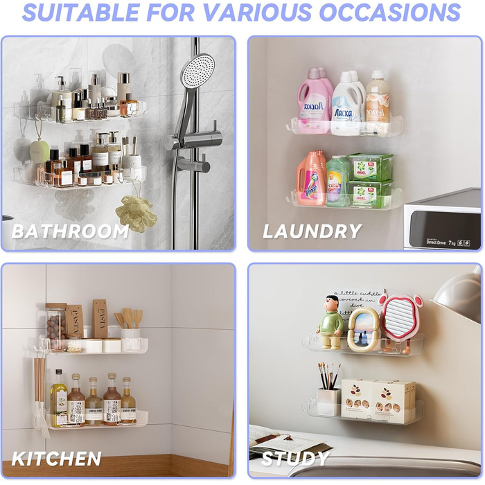Полиця для душу без свердління, 6 шт. Настінна полиця для ванної кімнати з тримачем для фену та гачками, полиця для душу з нержавіючої сталі, органайзер для ванної кімнати та кухні сірого кольору (2-прозорий)