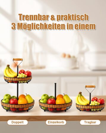 Двоярусний кошик для фруктів LEEJARD з синтетичного ротангу, знімний піддон, чорний (H:45 Dm:29 см)