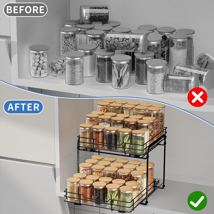 AIRUJIA Pull-Out Spice Rack, 2-Tier Dish Cabinet Organizer, Spice Rack Cabinet, Spice Rack, Lift-Up Sink Shelf, Spice Organizer for Kitchen, L26.4*W23.2*H23CM (L27.2*W29.3*H24 - 2 Tiers)