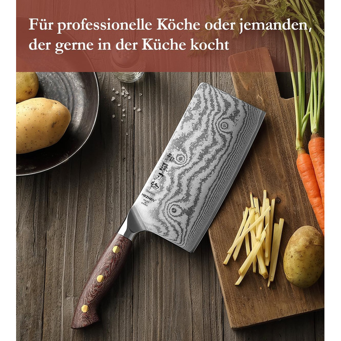 HEZHEN ніж кухарський 21 см дамаст 67 шарів, професійний ніж для кухні з дерев'яною піхвою, full tang ручка з Micarta