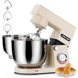 Кухонний комбайн Cheflee 1500W з місткими чашами 4.5 та 5.5L з нержавіючої сталі, 10+ швидкостей, з гаками для тіста, вінчиком та насадками для збивання, з кришкою-розбризкувачем