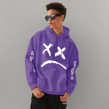 Худі для чоловіків: стильний пуловер з флісу в стилі хіп-хоп, довгі рукави, капюшон, streetwear, осінь/зима (L, фіолетовий)