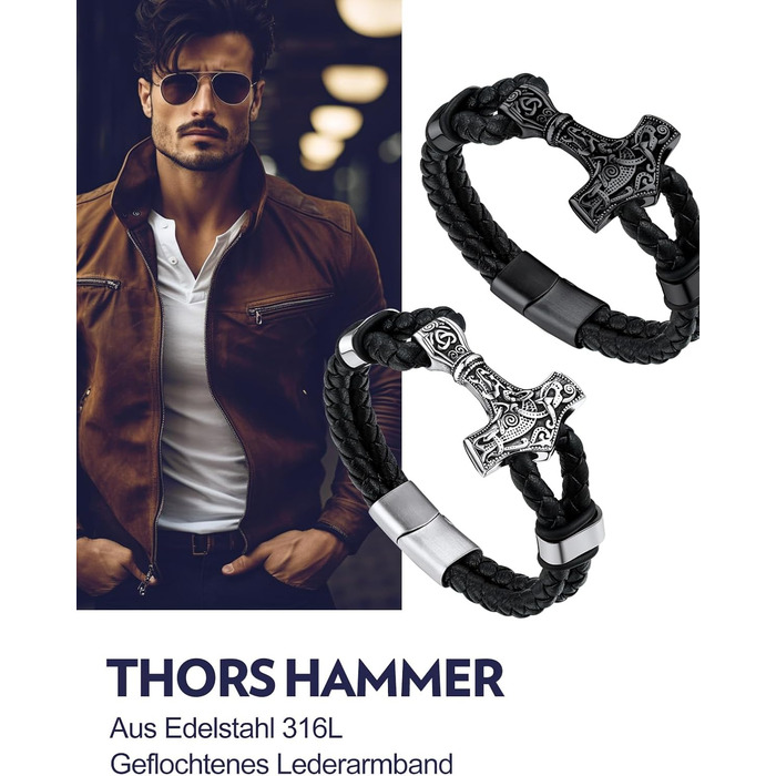 Чоловічий шкіряний браслет Bandmax Mjölnir/Череп/Масонство з магнітною застібкою. Браслет вікінгів для чоловіків, батька, чоловіка. Шкіряний браслет з гравіюванням.
