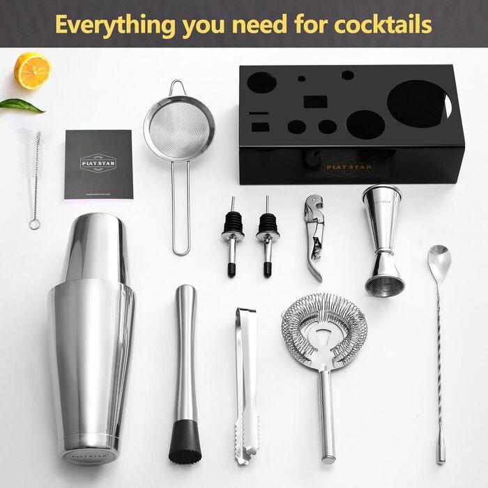 Набір бармена для коктейлів Mixology: шейкер бостонський, стійка, аксесуари з нержавіючої сталі для домашнього бару