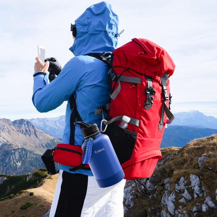 2L Stainless Steel Water Bottle with Straw, Double-Insulated 2 Liter Water Bottle with Two Lids and Protective Silicone Boot, Paracord Handle for Easy Carrying - (2000 ml, Blue)