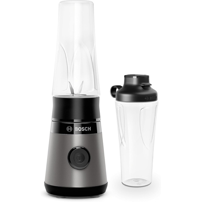 Bosch Mini-Standmixer VitaPower Serie 2 MMB2111S, High-Speed Mixer, up to 40,000 rpm, Tritan ToGo bottle 0.6 L, drinking lid, shatterproof, dishwasher-safe parts, 450W, Silver/black Single