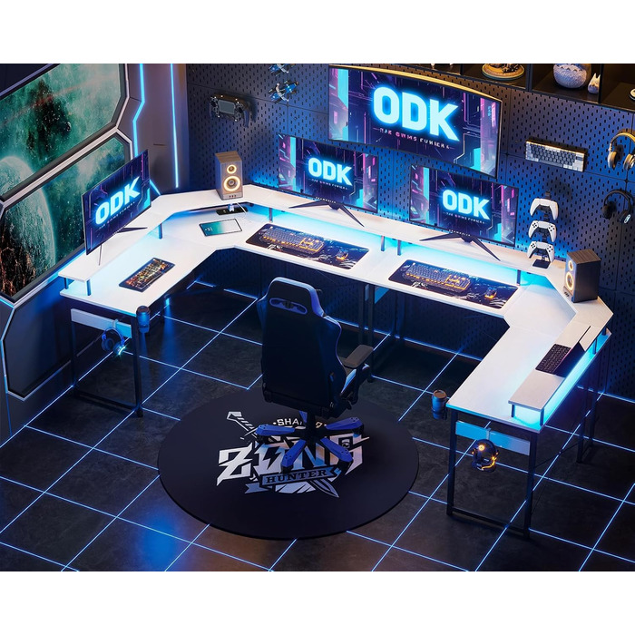 Ігровий стіл ODK з LED-підсвіткою, 2 розетками та 2 USB, кутовий білий комп'ютерний стіл з підставкою для монітора 129x129 см для геймінгу та домашнього офісу